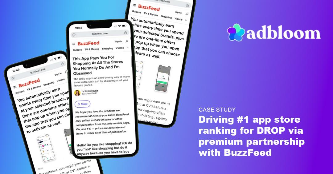 Driving #1 app store ranking for DROP via premium partnership with BuzzFeed